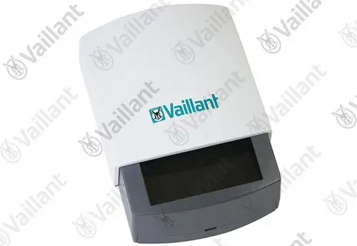 Vaillant Funkaußenfühler in weißer und grauer Ausführung, quadratisches Gehäuse mit Sensorfläche, geeignet für die Temperaturmessung im Außenbereich.